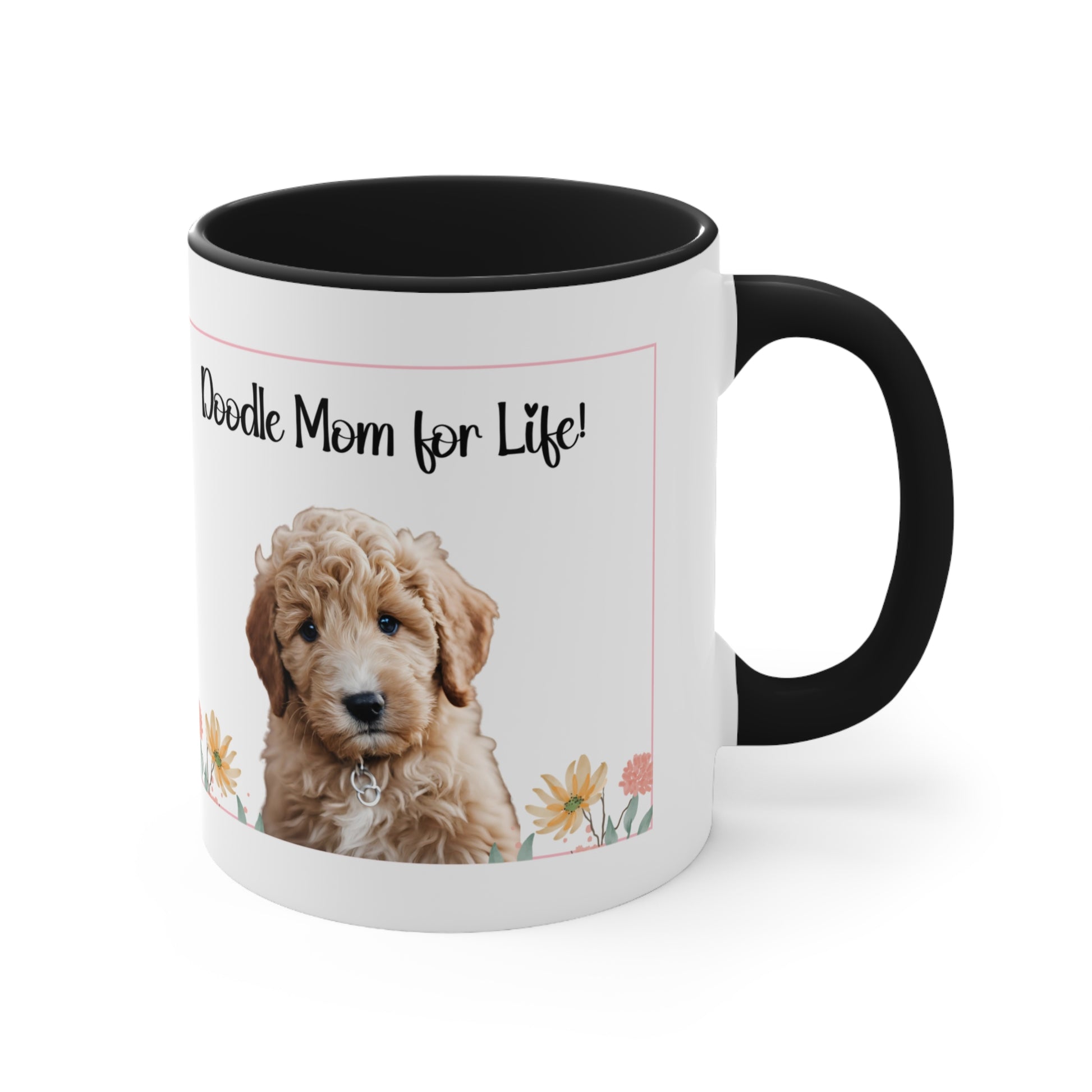 Golden doodle coffee mug, 11 oz hor gift or self, front view in black.