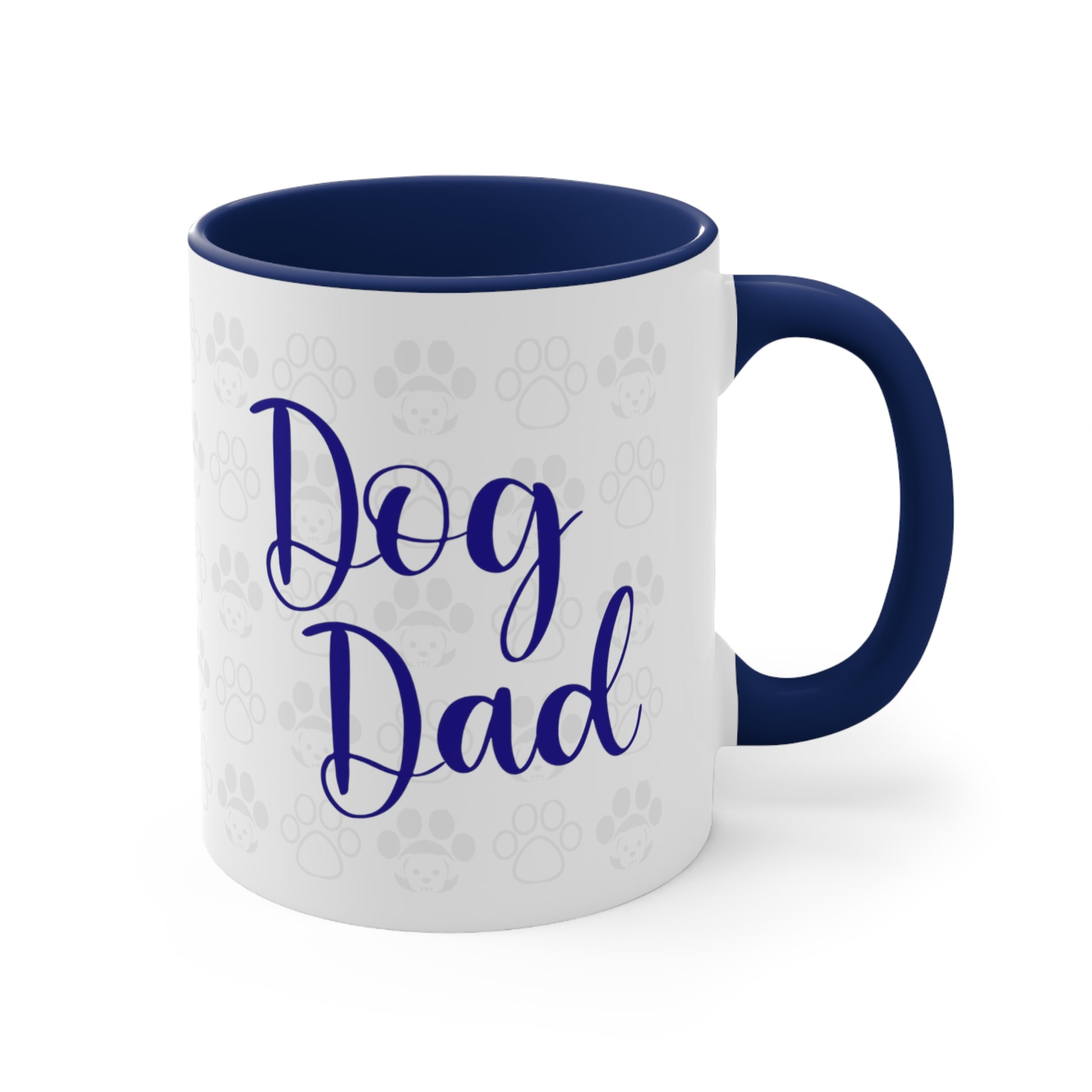 Dog Dad coffee Mug 11 oz, front view in dark blue.