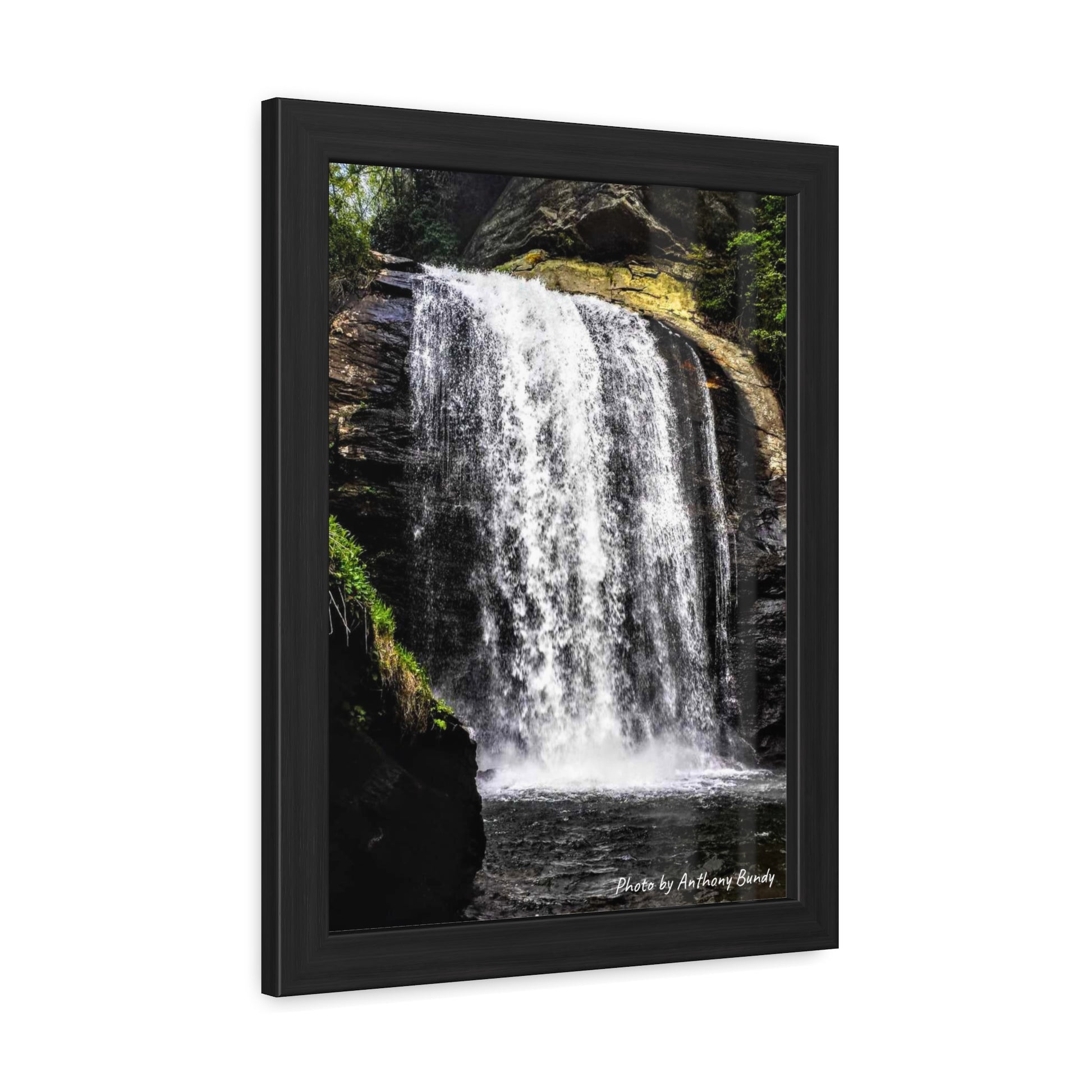 Framed Poster of Waterfall in Asheville, NC, side view.