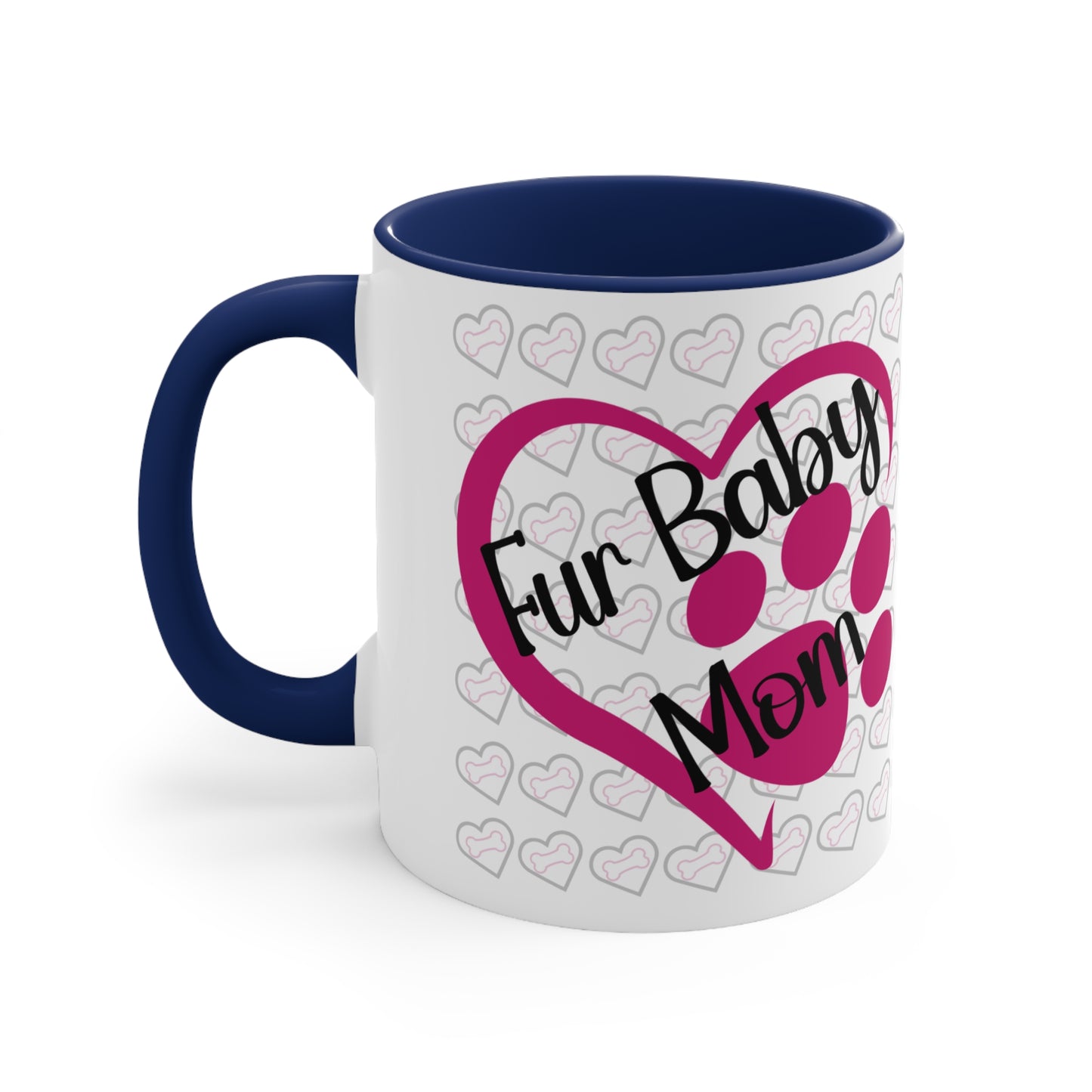 Fur baby mom coffee mug with pink heart and paw print 11 oz, back view in dark blue.