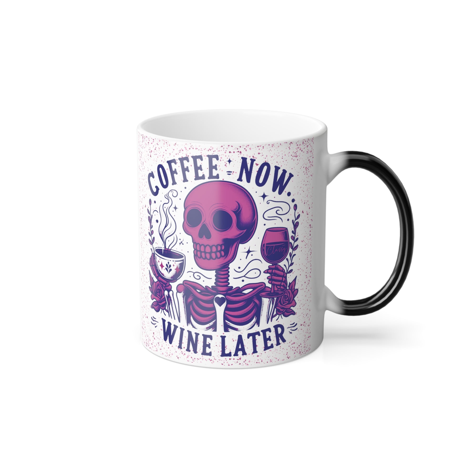 Color morphing mug with pink skeleton, front view.