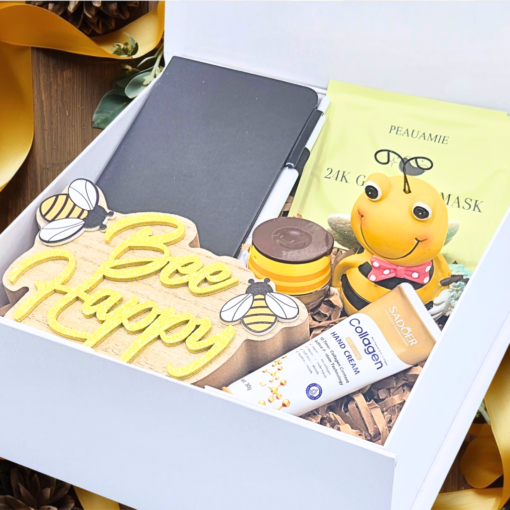 Bee Happy Gift Set for Women – Bee Decor, Honey Lip Balm, Hand Cream & 24K Gold Eye Mask