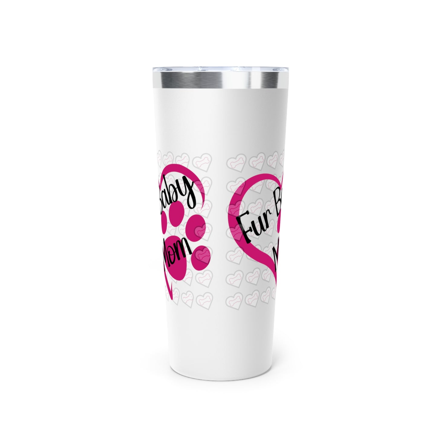 Fur Baby Mom 22oz Copper Vacuum Insulated Tumbler with Pink Heart, side view.