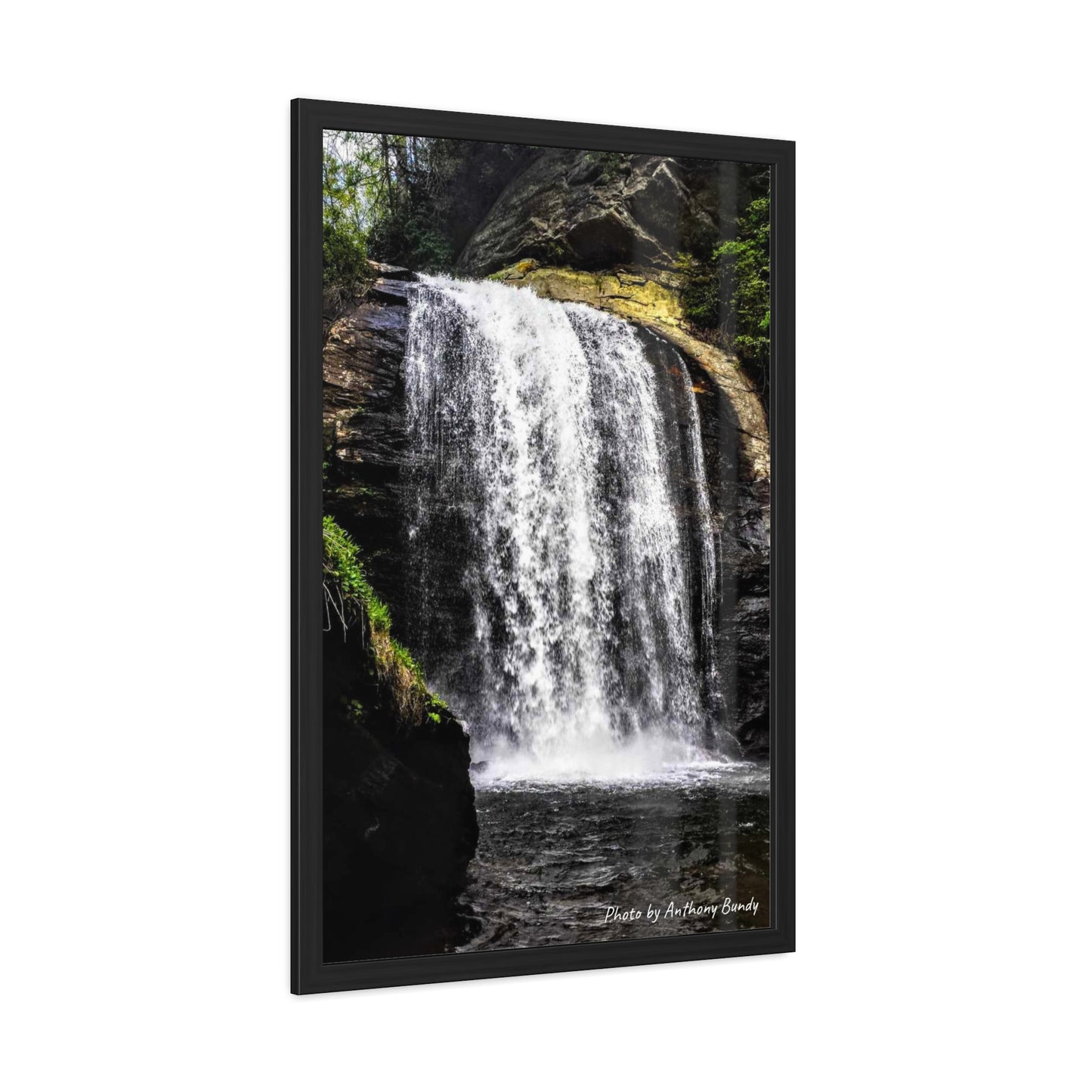 Framed Poster of Waterfall in Asheville, NC, side view.