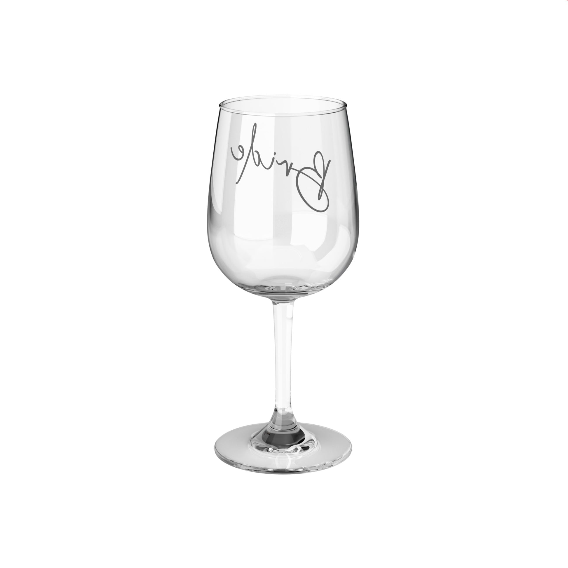 Wedding or bridal shower wine glass for bride, back view.