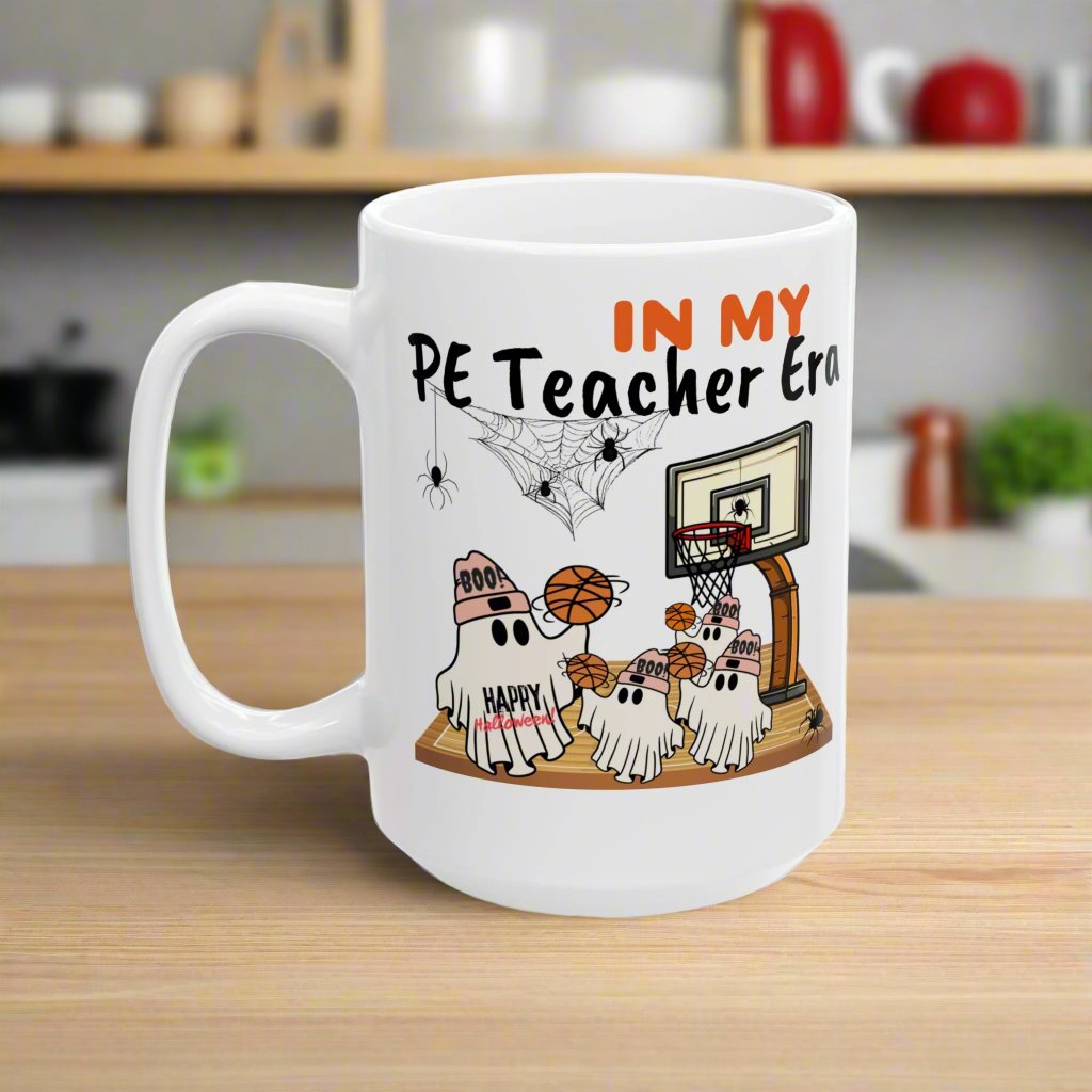 In my PE teacher era mug, front view.