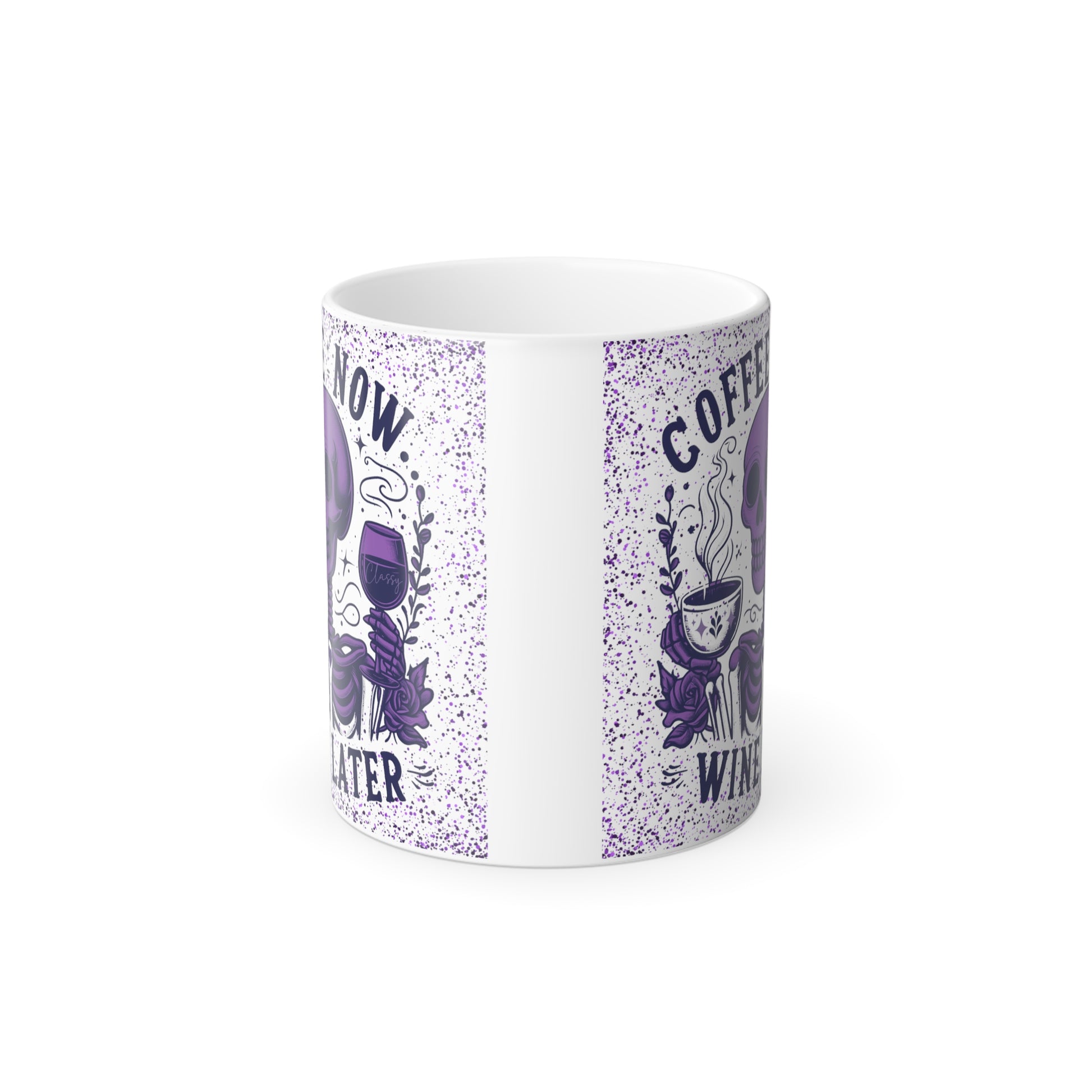 Color morphing mug with purple skeleton for gift, side view.