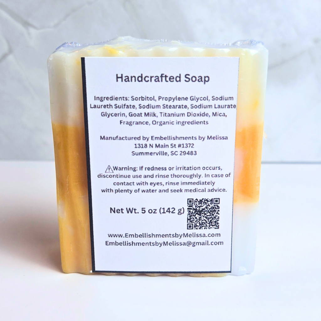 Fruit-scented handmade soap with pineapple and citrus infusion, back view.