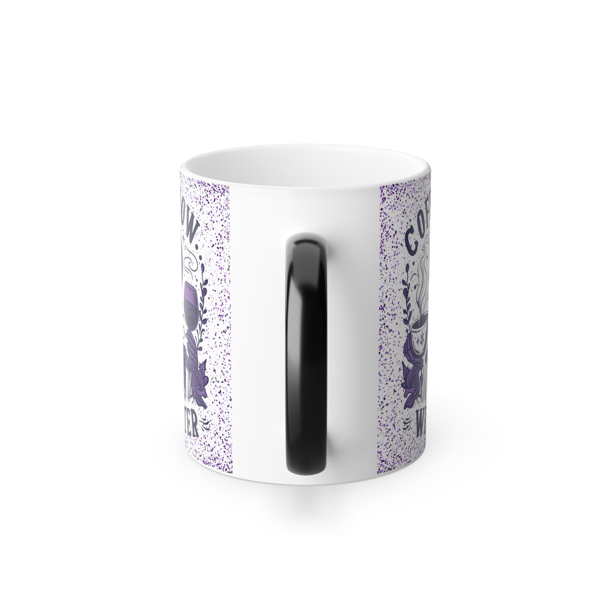 Color morphing mug with purple skeleton for gift, side view.