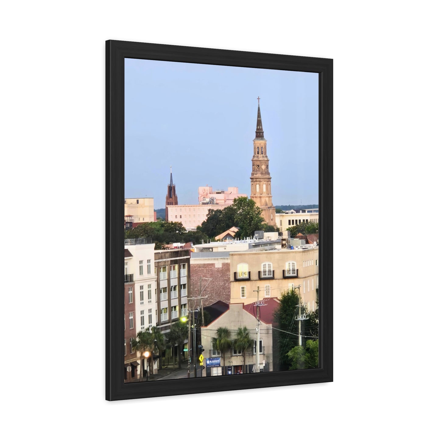Wall art / poster of Charleston, SC with historical churches, side view.