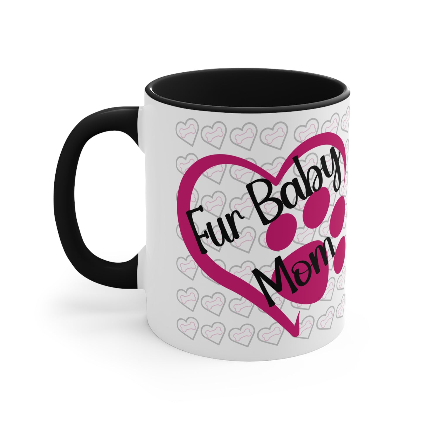 Fur baby mom coffee mug with pink heart and paw print 11 oz, back view in black.