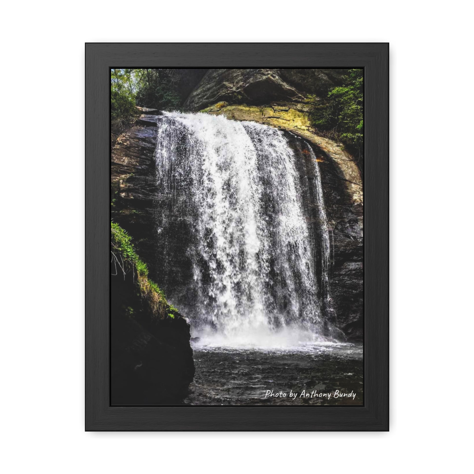 Framed Poster of Waterfall in Asheville, NC, front view.
