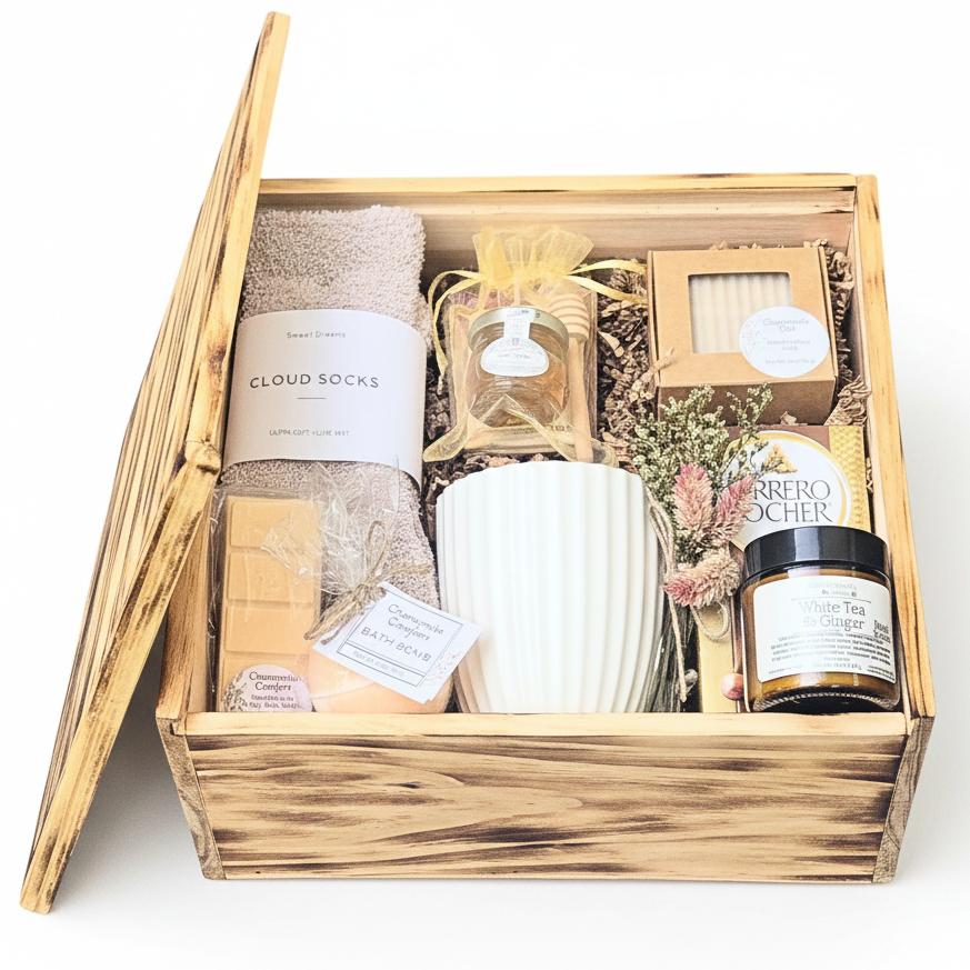 Self Care Gift Box for Women in Wooden Keepsake Box with Bath and Body Gifts