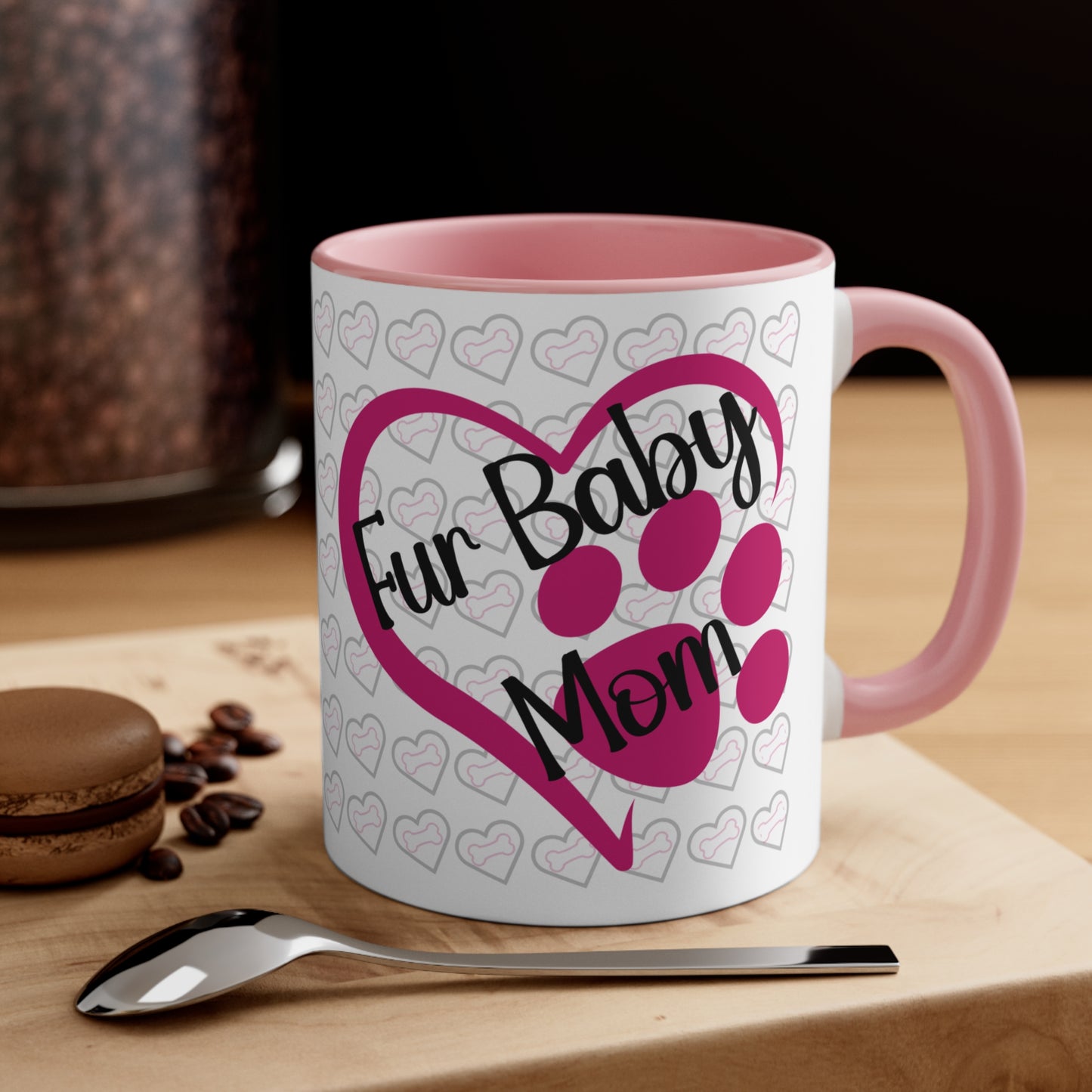 Fur baby mom coffee mug with pink heart and paw print 11 oz, front view in pink.