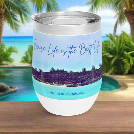 Cruise wine tumbler for Bahamas vacation, front view.
