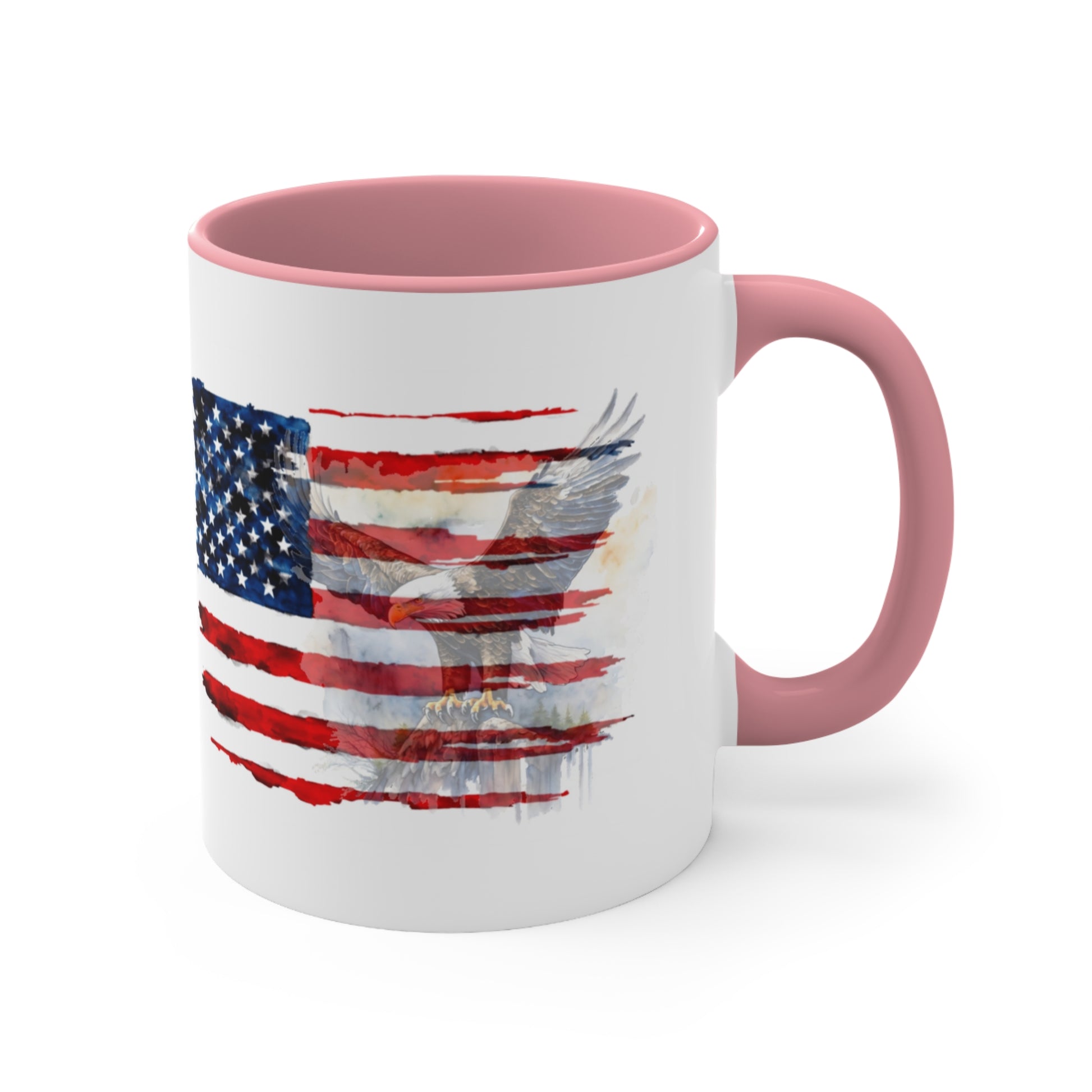 Coffee Mug with US Flag and eagle 11 oz, front view in pink.