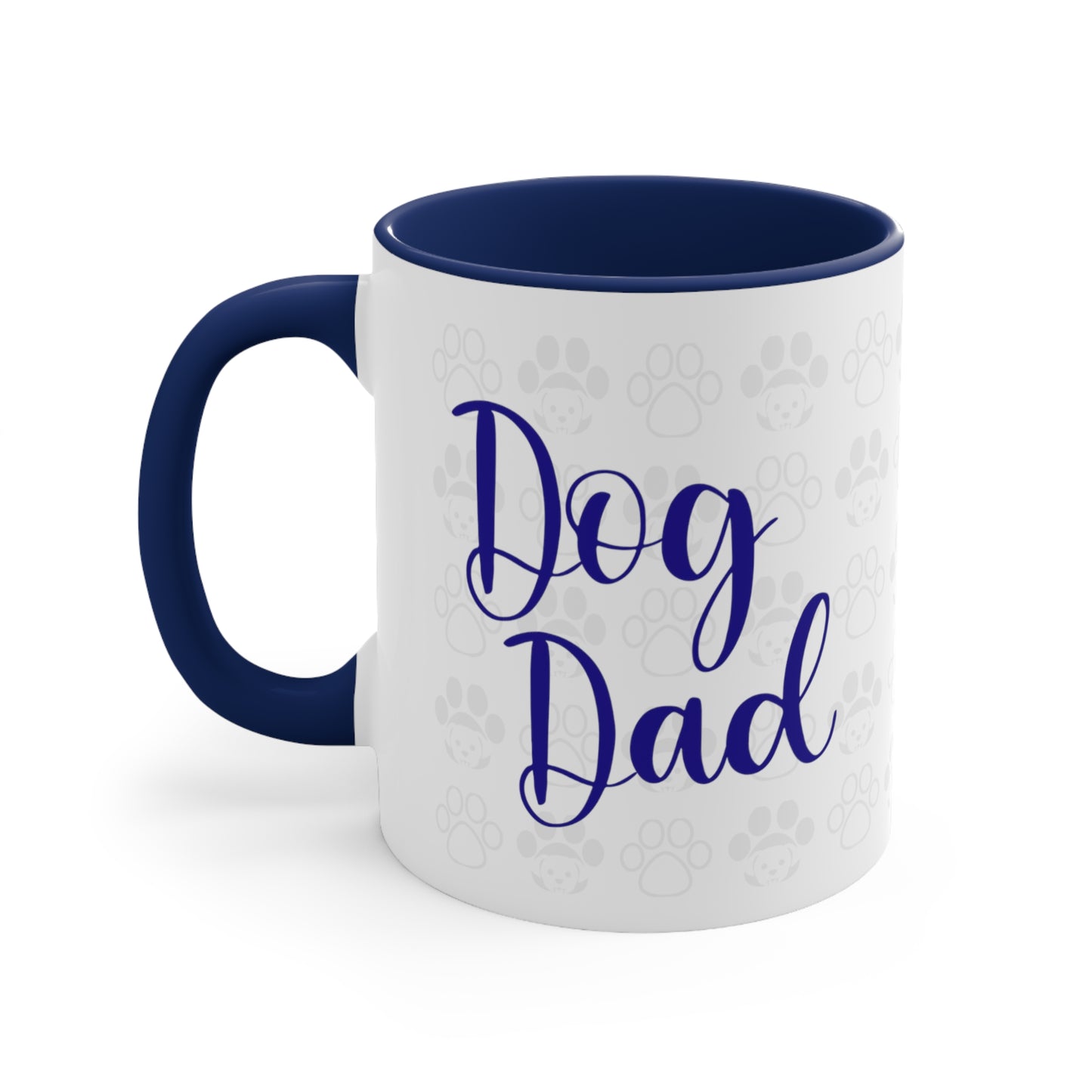 Dog Dad coffee Mug 11 oz, front view in dark blue.