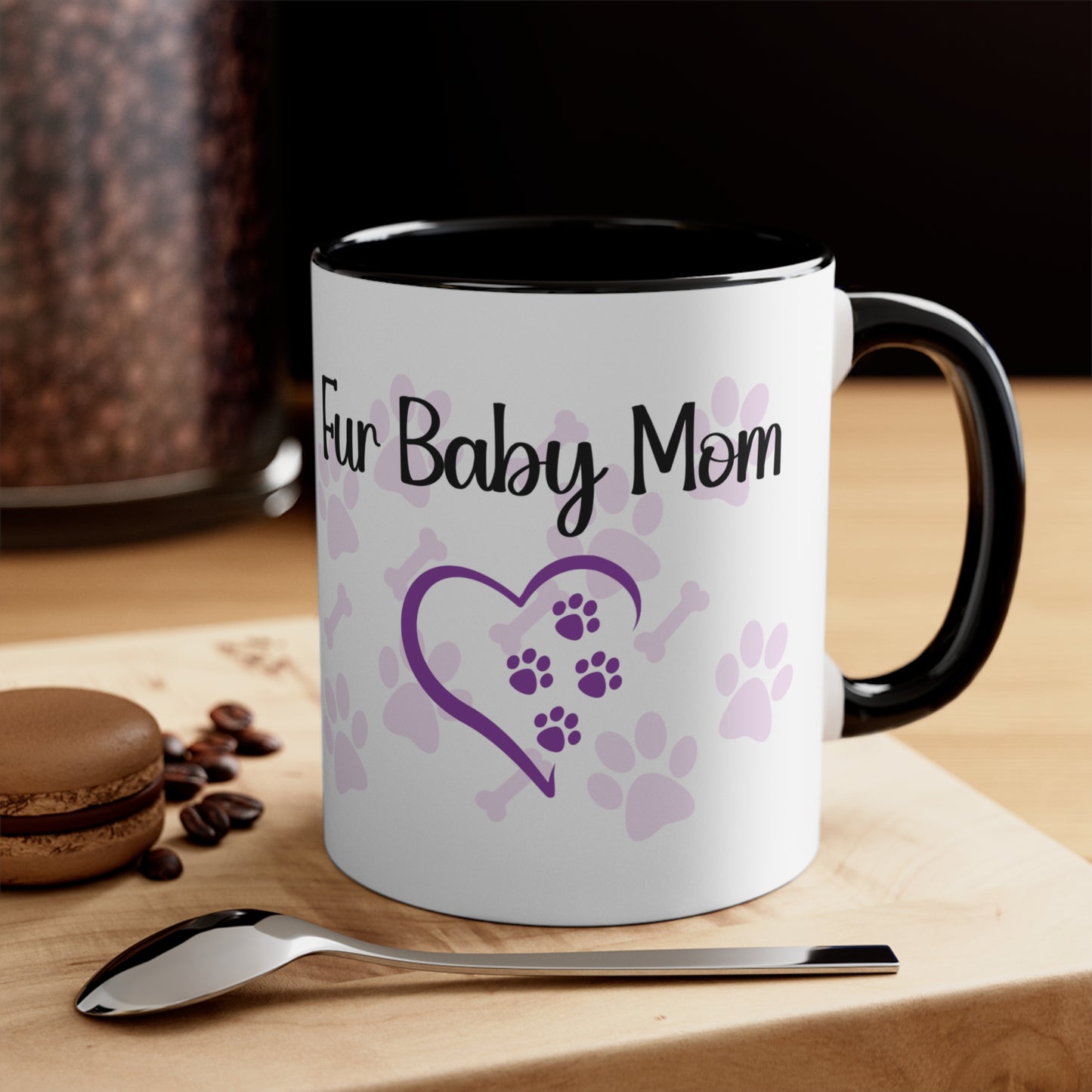 Fur baby mom coffee mug with paw prints 11 oz, front view.