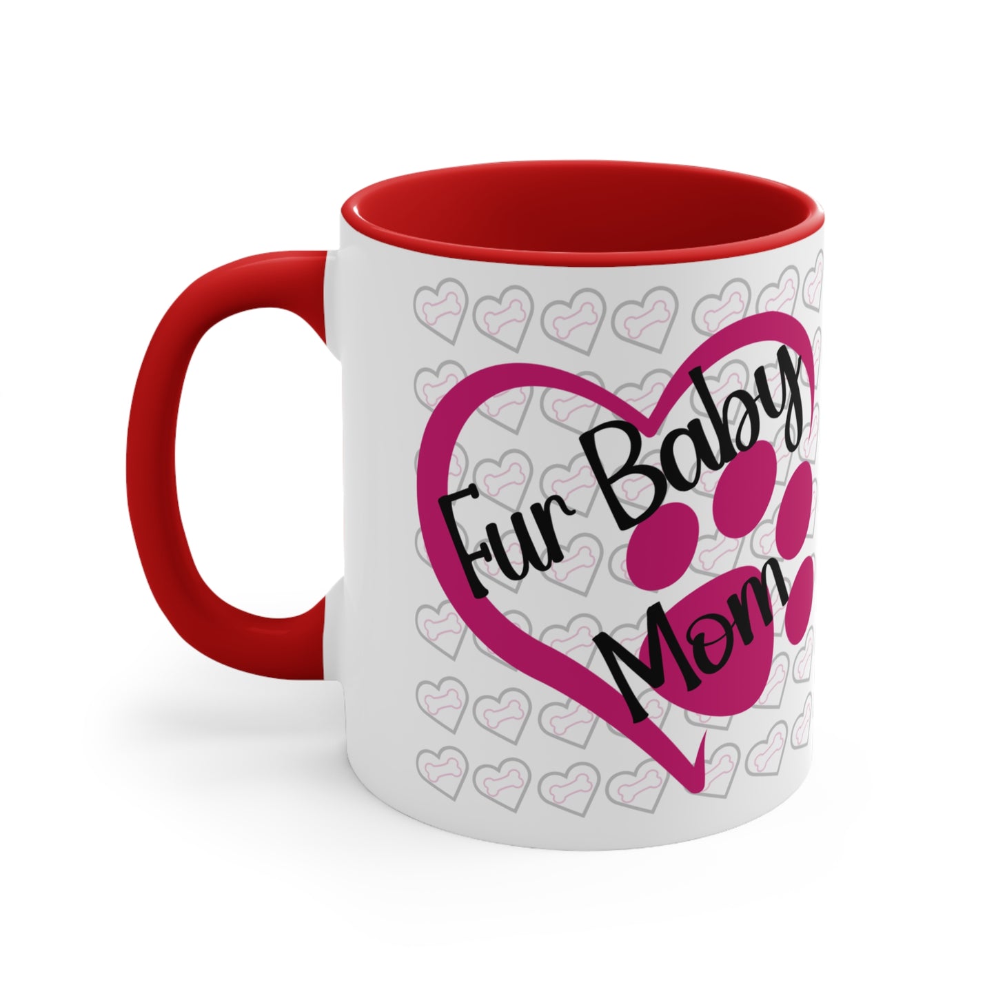 Fur baby mom coffee mug with pink heart and paw print 11 oz, back view in red.