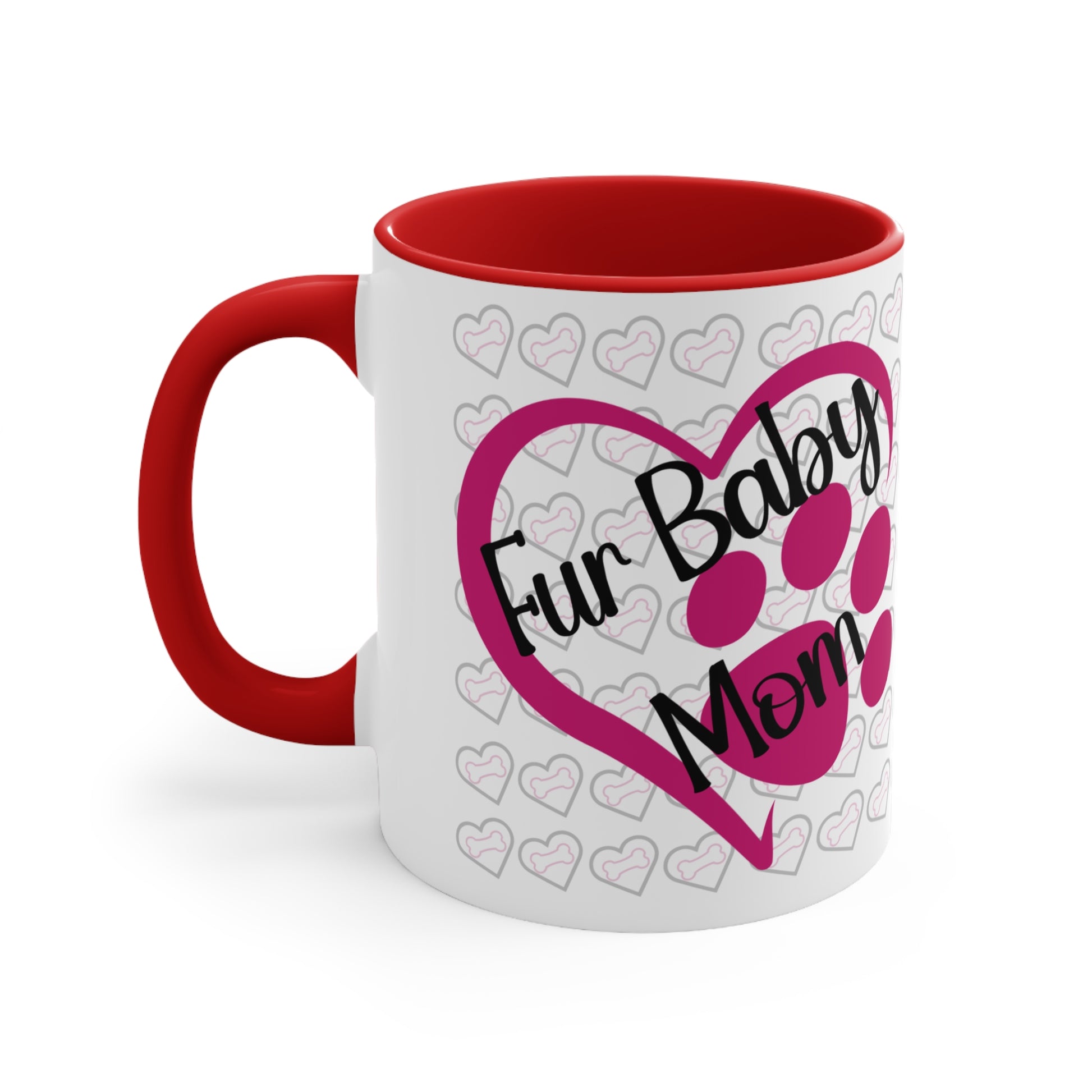 Fur baby mom coffee mug with pink heart and paw print 11 oz, back view in red.