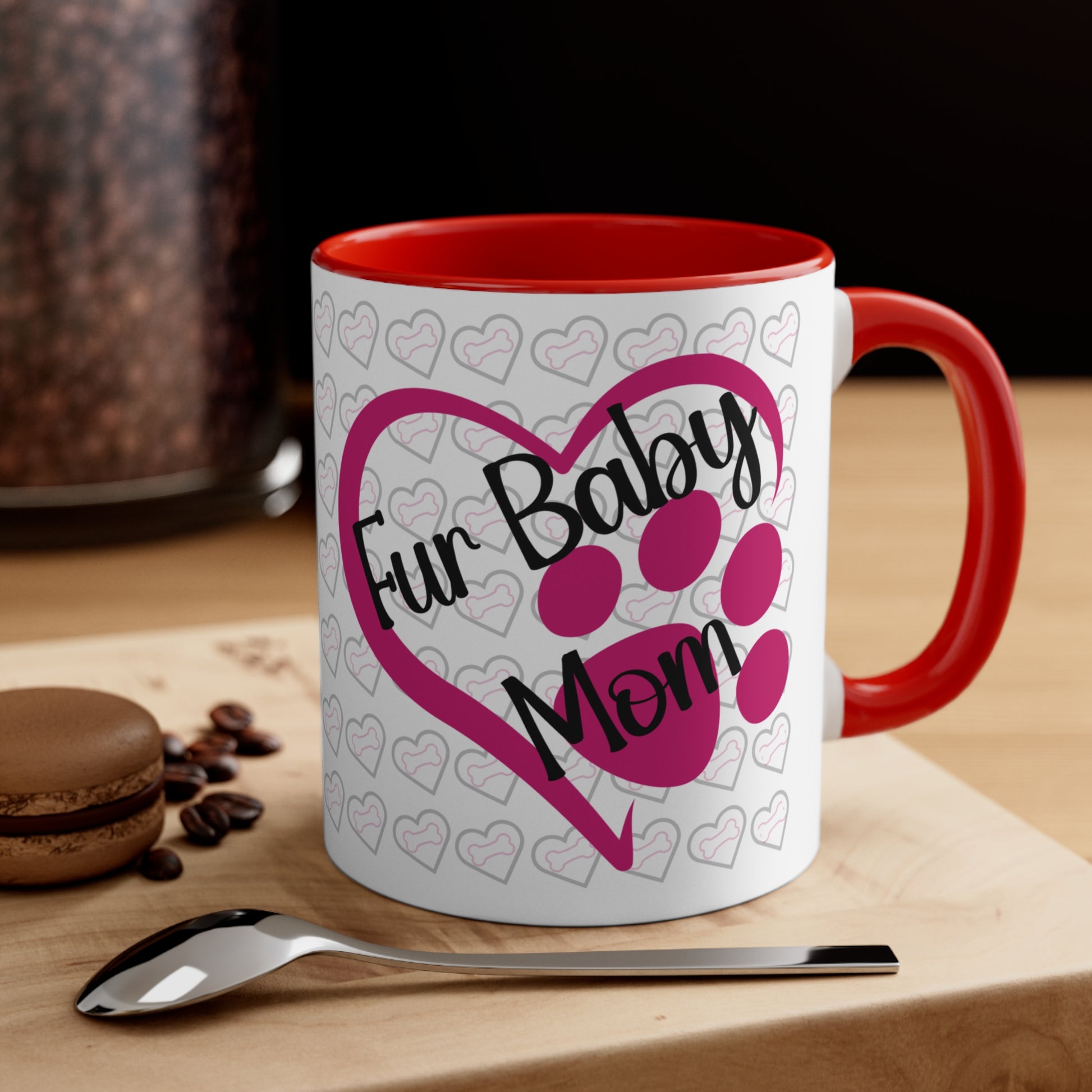 Fur baby mom coffee mug with pink heart and paw print 11 oz, front view in red.