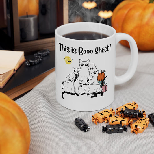 This Is Booo Sheet: Cat Ghost Mug for Spooky Fun, (11oz, 15oz)