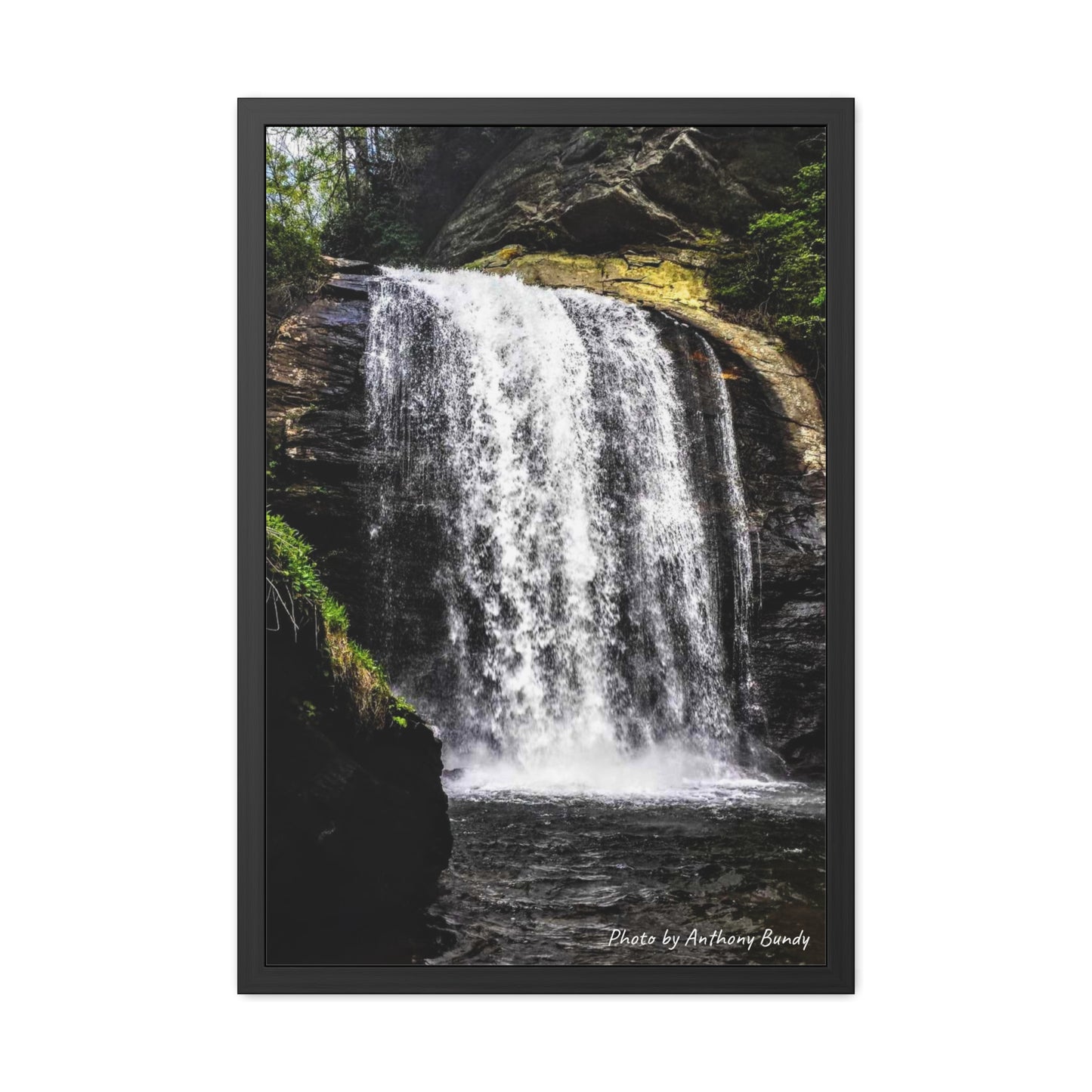 Framed Poster of Waterfall in Asheville, NC, front view.