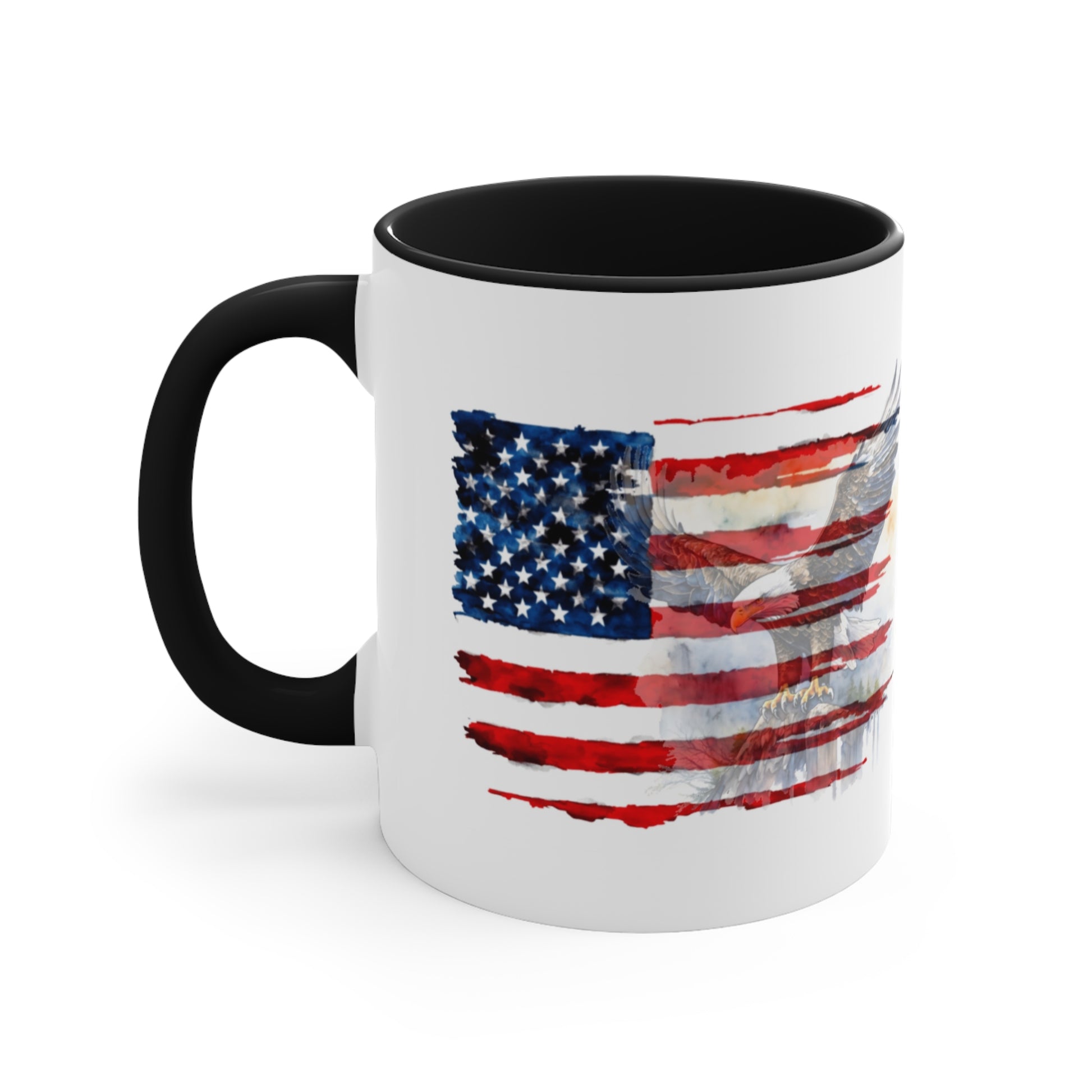 Coffee Mug with US Flag and eagle 11 oz, back view in black.