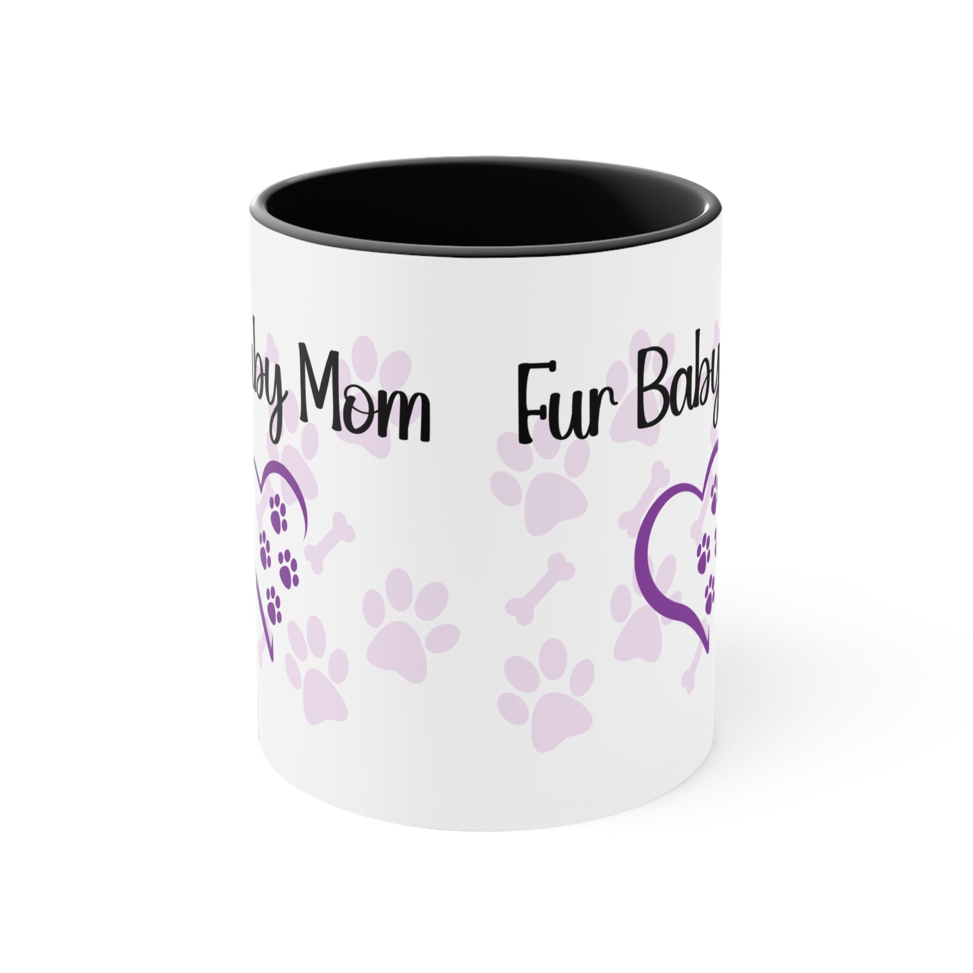 Fur baby mom coffee mug with paw prints 11 oz, side view.
