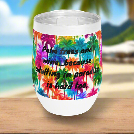 Tropical palm tree wine tumbler, front view.