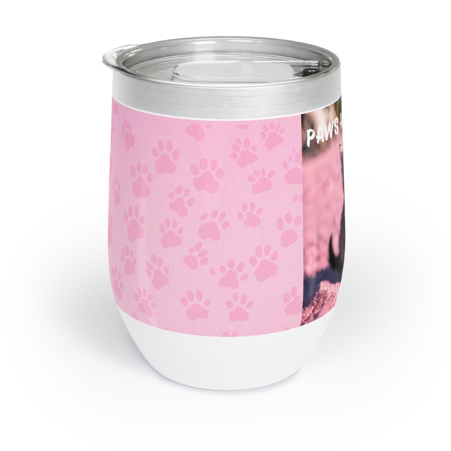 Cute kitten wine tumbler for vacation, side view.