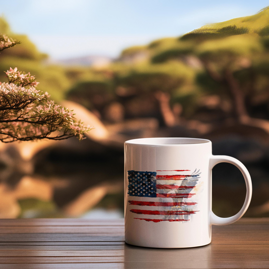 Coffee Mug with US Flag and eagle 11 oz, front view.