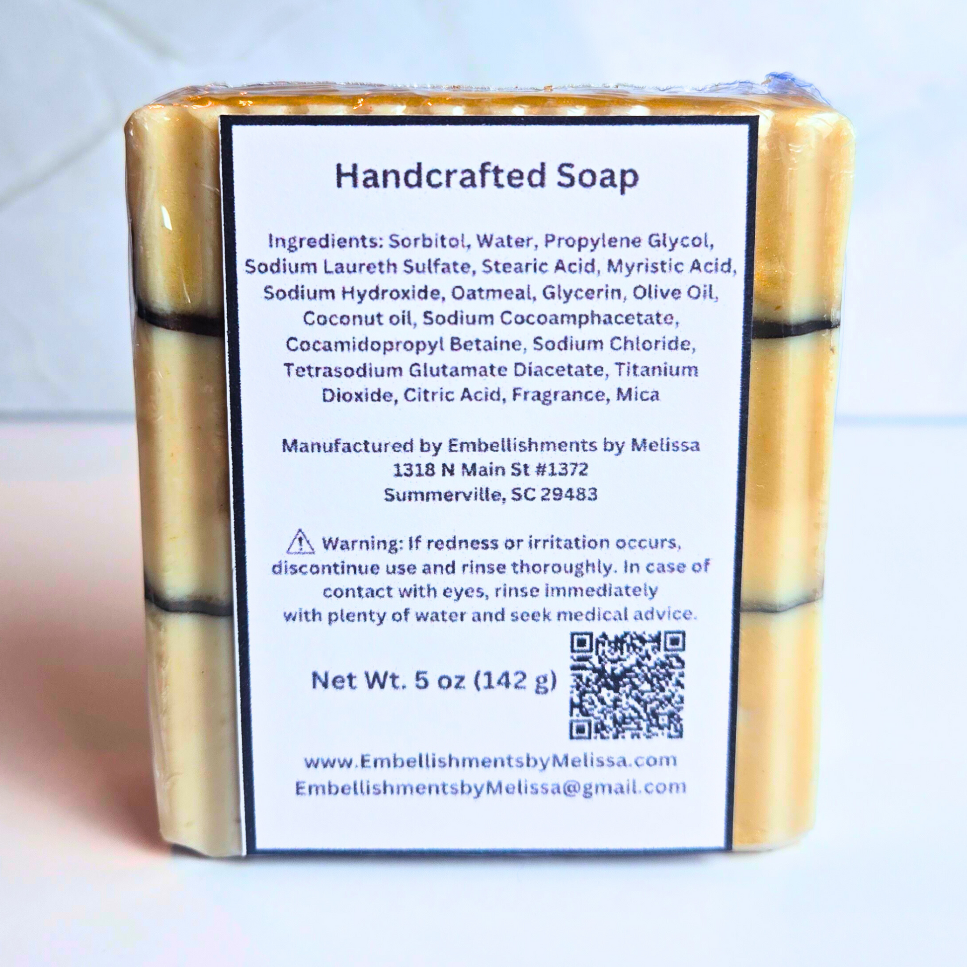 Deliciously- scented maple French toast soap bar for novelty bath, back view.