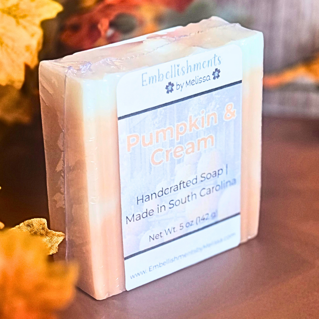 Seasonal Pumpkin & Cream soap with soft lather, perfect for fall-themed bathrooms.