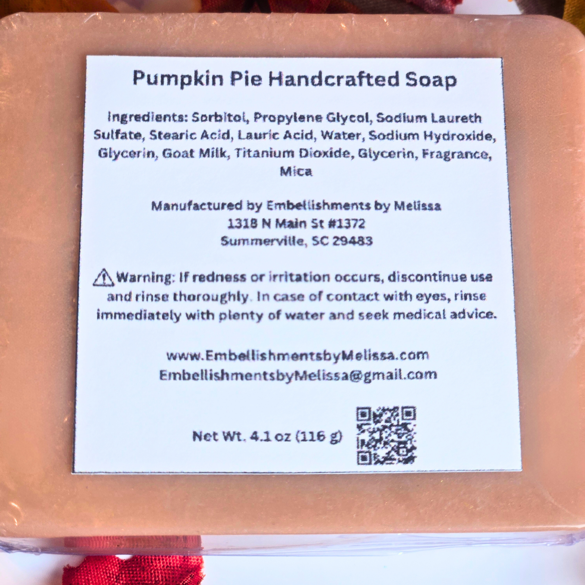Warm and spicy goat milk soap, handcrafted for fall, back view.