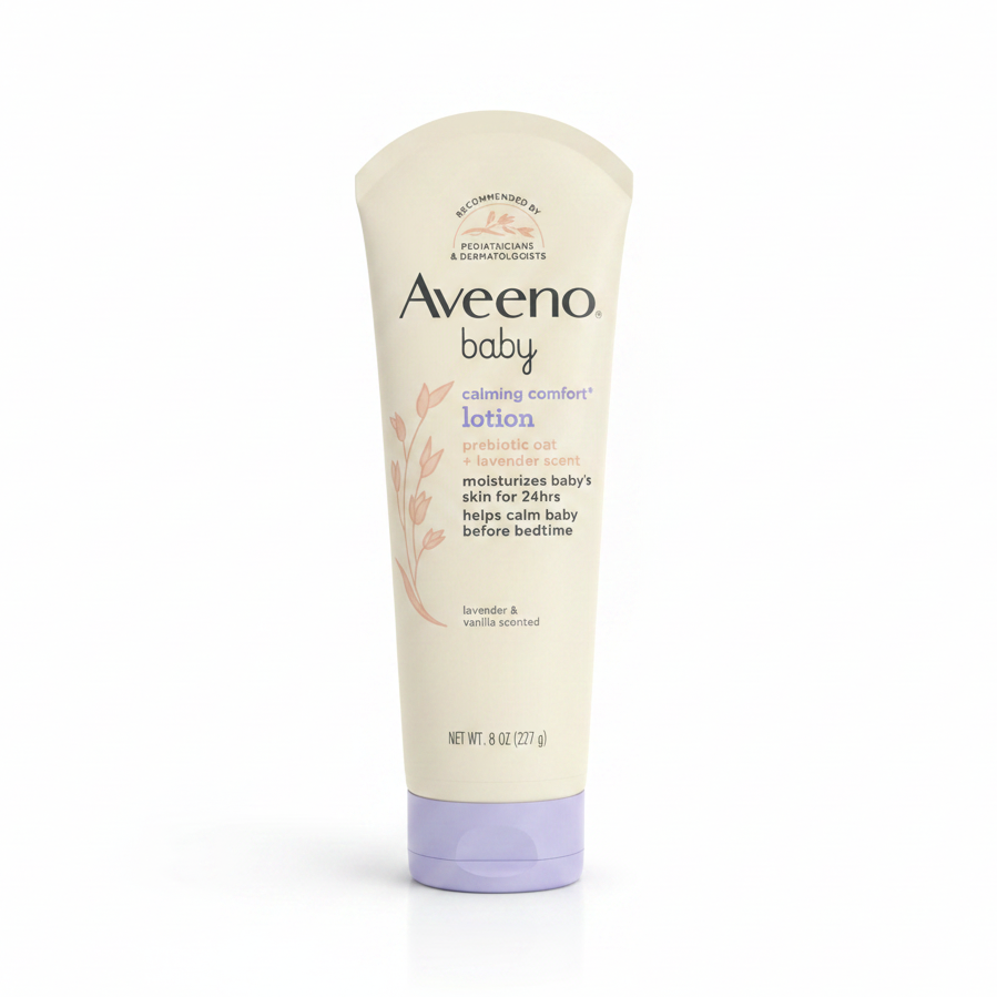 Aveeno Baby Calming Comfort Lotion in an 8 oz squeeze tube with a lavender cap, shown on a clean white background.