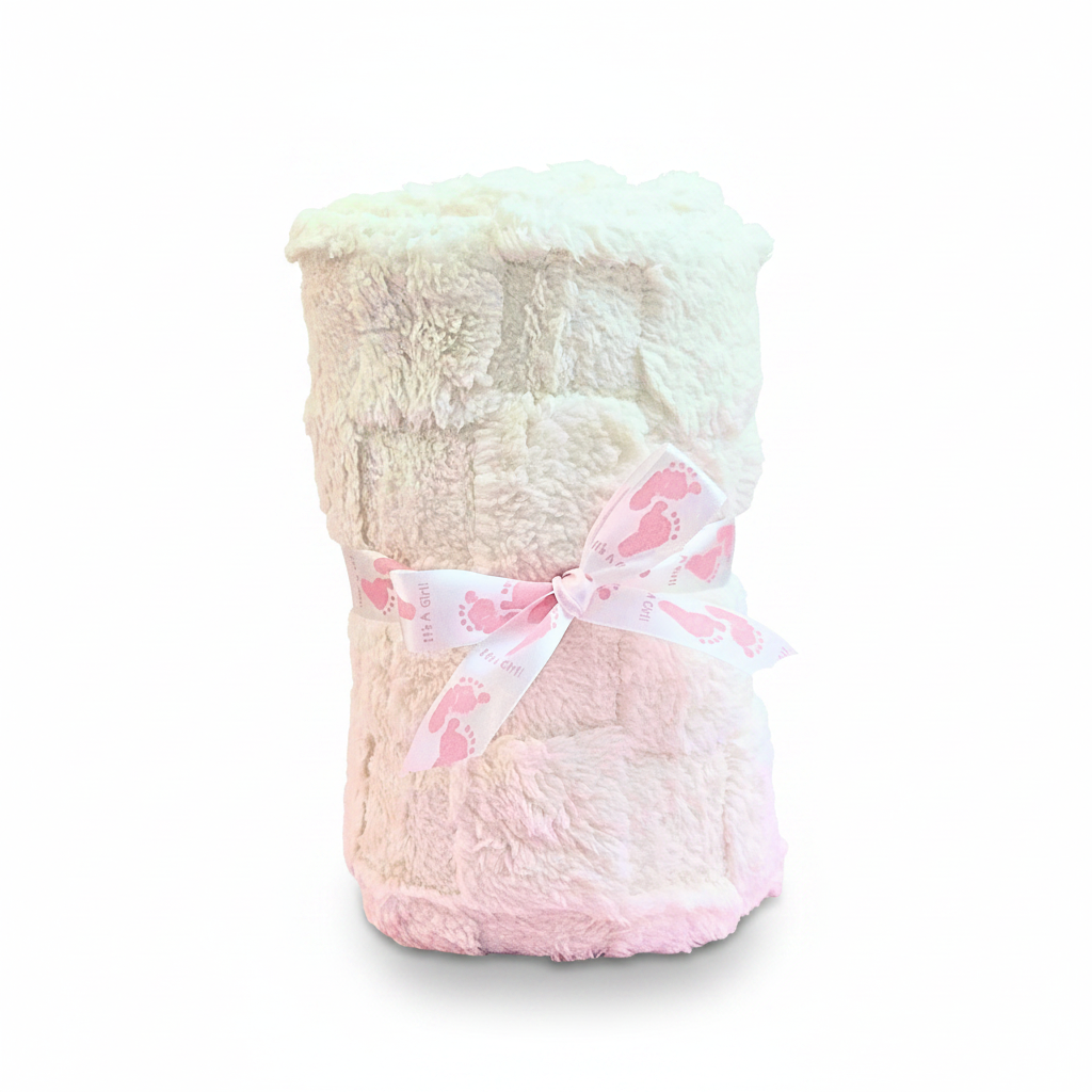 A folded plush baby blanket with a white ribbon printed with pink baby footprints, on a white background.