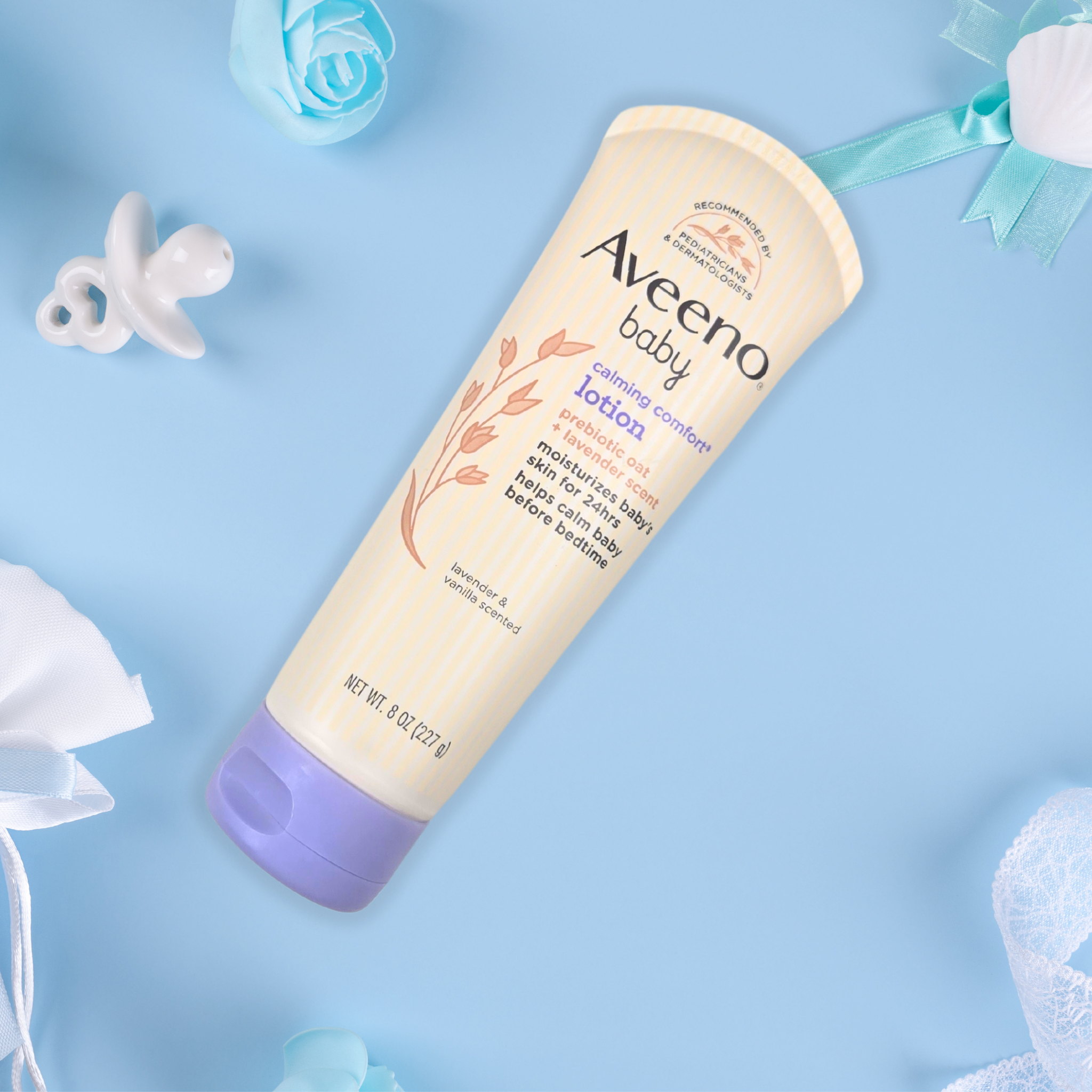 Moisturizing lavender baby lotion for a smooth and gentle touch, included in gift package, front view.
