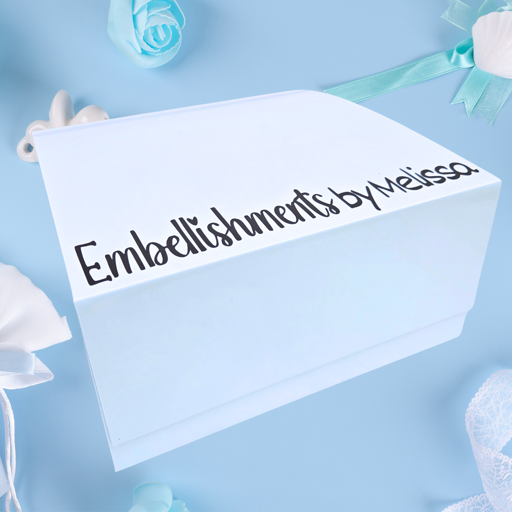 Personalized baby boy gift set with custom name on the lid, side view.
