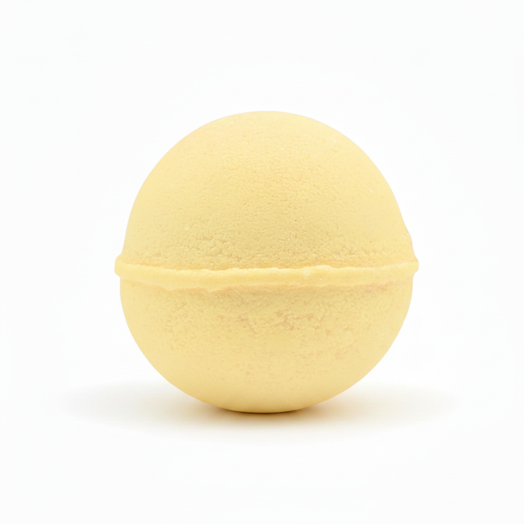 A pale yellow spherical bath bomb with a textured, porous surface, isolated on a white background.