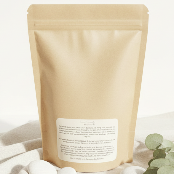 A beige stand-up pouch package with a white label, photographed on a light neutral surface with white stones and green leaves as props.