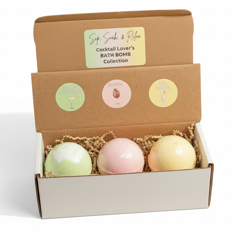An open kraft gift box containing three pastel bath bombs nestled in shredded paper, with a label reading 'Sip Soak & Relax.'. The box is photographed on a light fabric surface with small dried flowers and greenery around it.