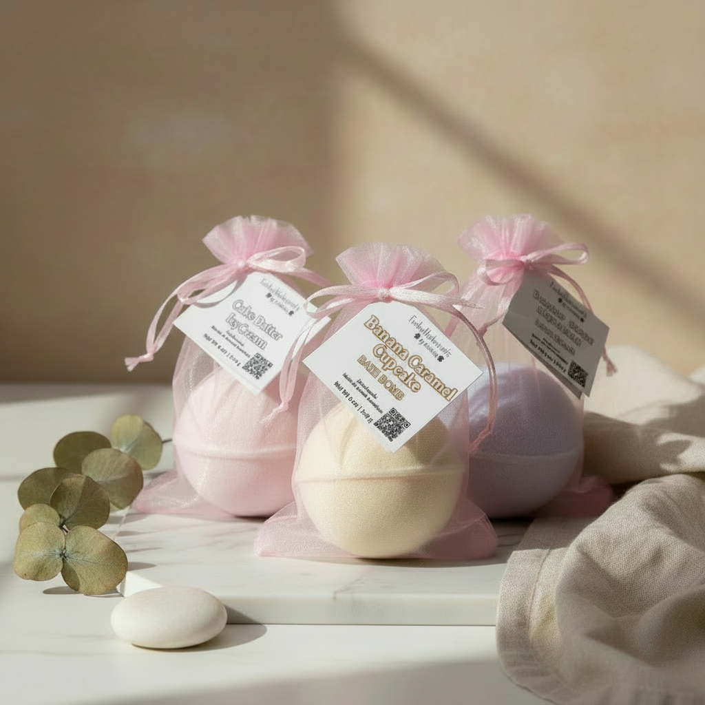 Three packaged bath bombs in soft pink bags tied with pink ribbons, displayed on a white surface with a linen cloth and eucalyptus leaves in a softly lit setting.