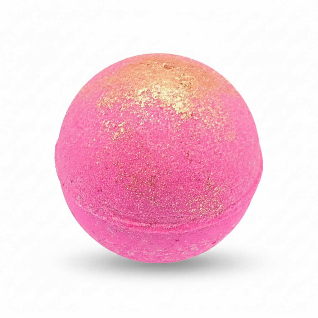 A spherical bath bomb with a vibrant pink body and a shimmering gold glitter gradient concentrated on the top half, isolated on a white background.