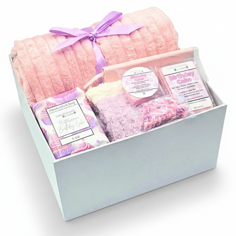 A baby shower gift box set containing a pink ribbed blanket tied with a purple ribbon, a birthday cake scented soap, wax melts, and socks in a magnetic box.