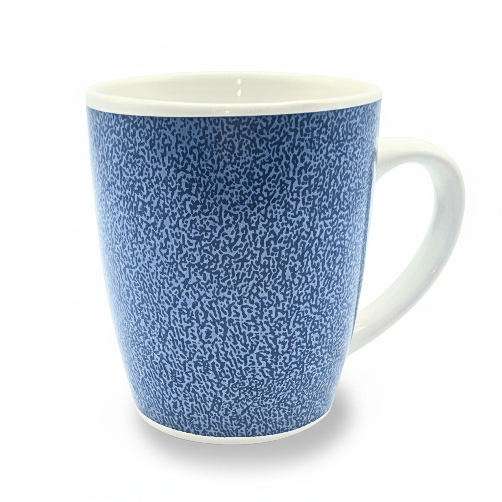 A blue speckled l mug with a white handle and white interior, shown on a plain white background.