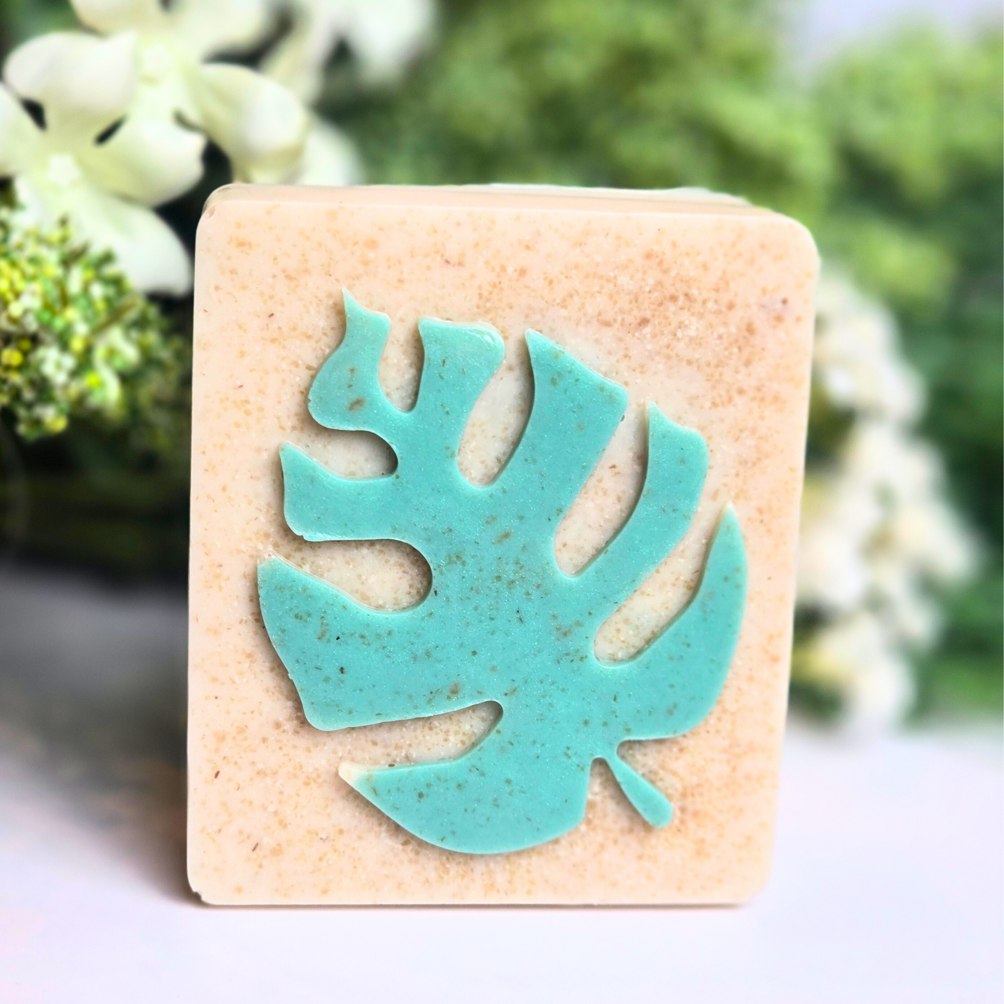 Artisan oatmeal soap bars scented with warm Boho Honeybee aroma, front view.