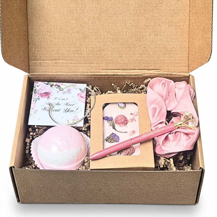 Gift box with pink items on a pink background