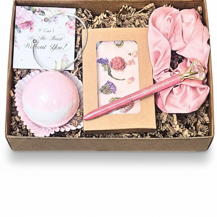 A pink-themed gift set in a brown box with shredded paper, containing a pink bath bomb, a pink satin hair tie, a pink pen, a small card with bracelet.