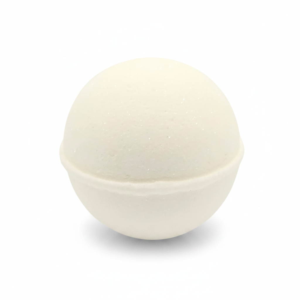 A round bath bomb with a white finish and subtle glitter, shown on a solid white background.